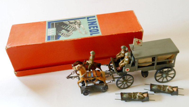 Lineol British Horse Drawn Ambulance: and Stretchers in Original Box. Pre War. 7 Pieces.
