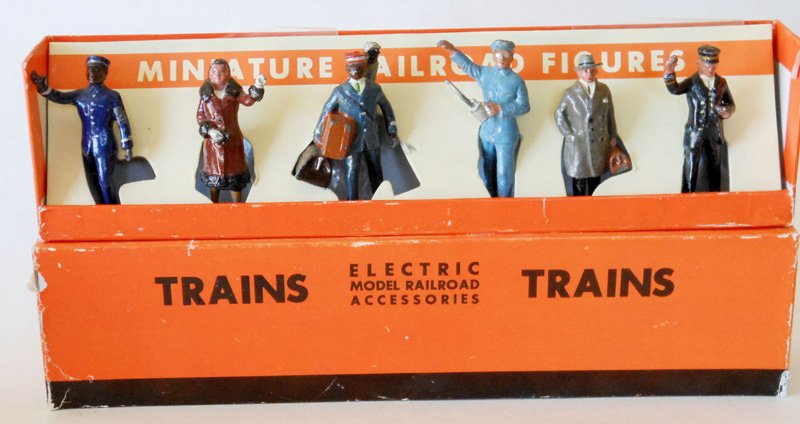 Hill Railway Set: with Original Box made for Lionel Trains Pre War. 6 Pieces. Conductor, Negro Porter, Attendant, Engineer, Male and Female Passengers.