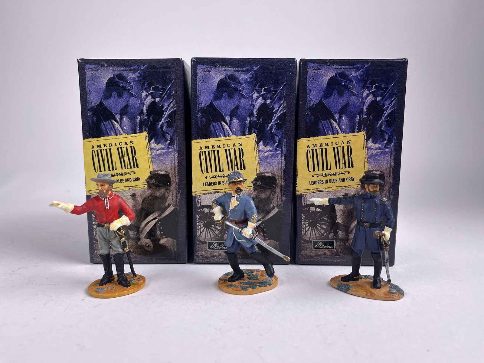 Britains Civil War No 17368, No 17369,: and No 17425. 3 sets. Leaders in Blue and Gray - Major General George Tomas, Major General Patrick Cleburne, Lieutenant General A.P. Hill. 3 pieces. Condition excellent. Boxes excellent.