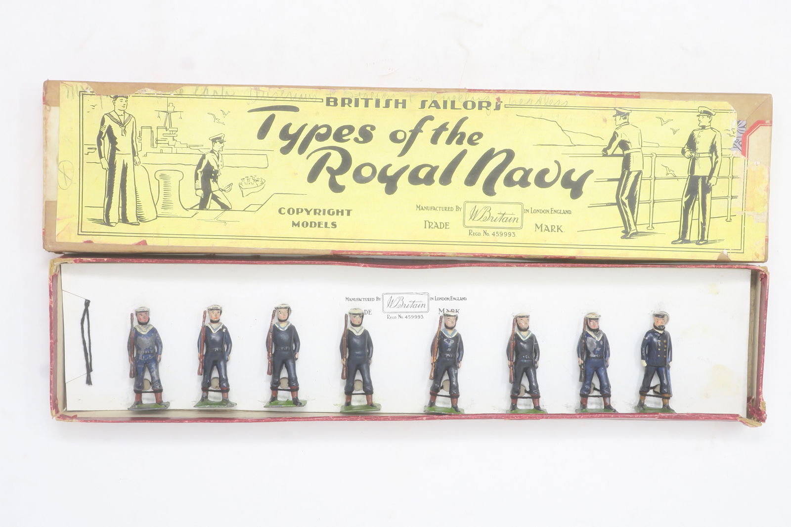 Britains set #151 Royal Navy: Volunteer Reserve, in original box, 8 pieces; Very good, but chip on one chest, box fair, lid repaired, no end label