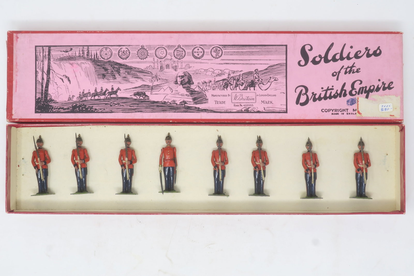 Britains set #206 Royal Warwickshire: Regiment including officer, 8 pieces, in Soldiers of the British Empire box; Very good, box good, no tie card or end label