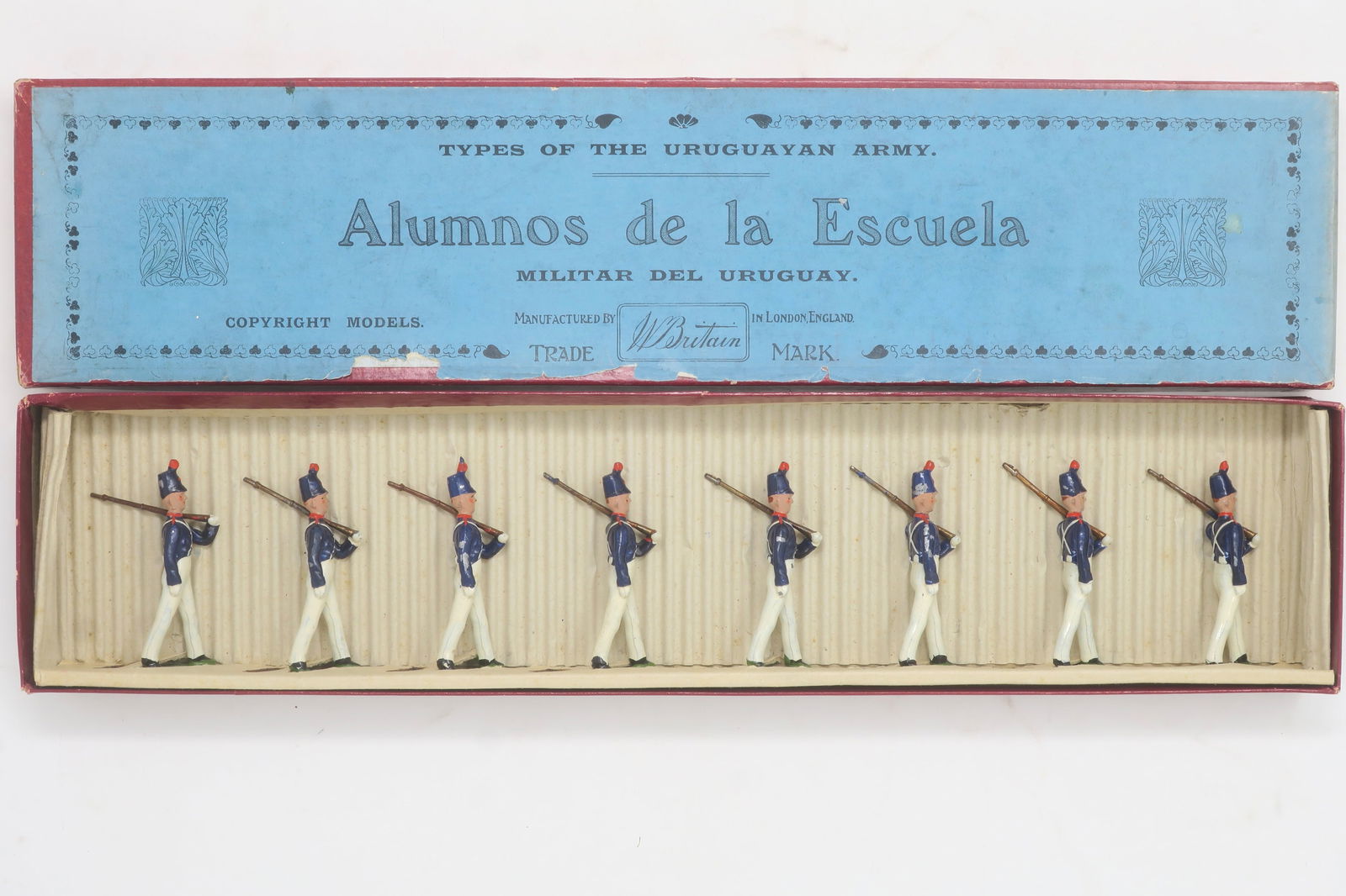 Britains set #221 Uruguayan Cadets: Alumnos de la Escuela-Military School Cadets, 8 pieces in original box; Excellent, box very good