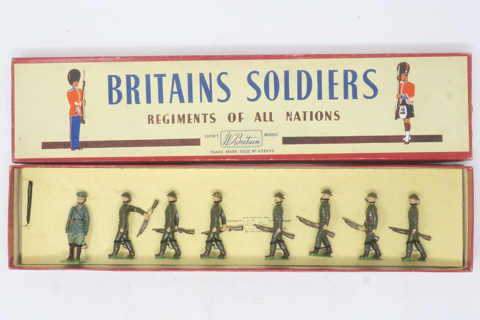 Britains set #1603 Republic of Ireland: Infantry, in an original Regiments of All Nations box; Excellent (post 1950 version), 8 pieces in steel helmets at trail including officer, in original box; Excellent, box very good