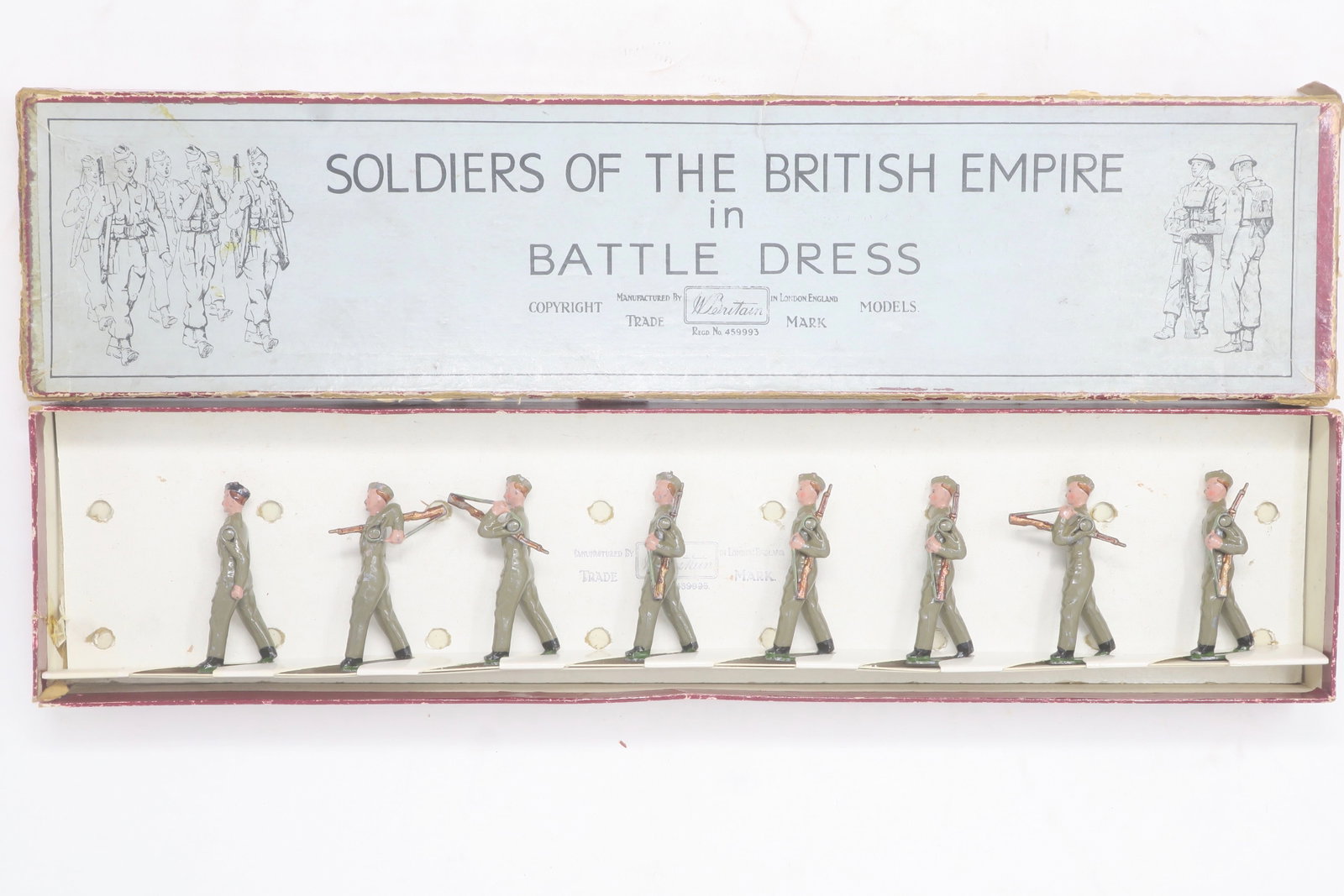 Britains set #1854 British Infantry: (Militia) at slope with field caps, (no officer) in original Soldiers of the British Empire Battledress box, 8 pieces; Excellent, box good