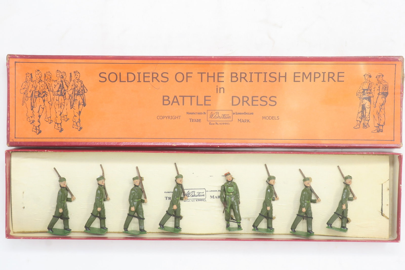 Britains set #1854 Home Guard: at slope with field caps, 7 pieces plus officer only in battledress in an original Soldiers of the British Empire Battledress box, end label titled "Home Guard No 624; Excellent, box good, 1 lid corne