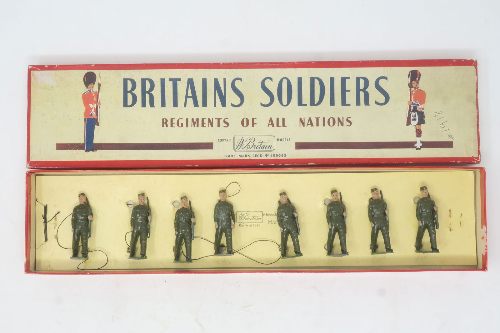 Britains set #1918/1854 Home Guard: (slung rifles), 8 pieces including officer in original Regiments of All Nations box; Very good, box good, end label damaged
