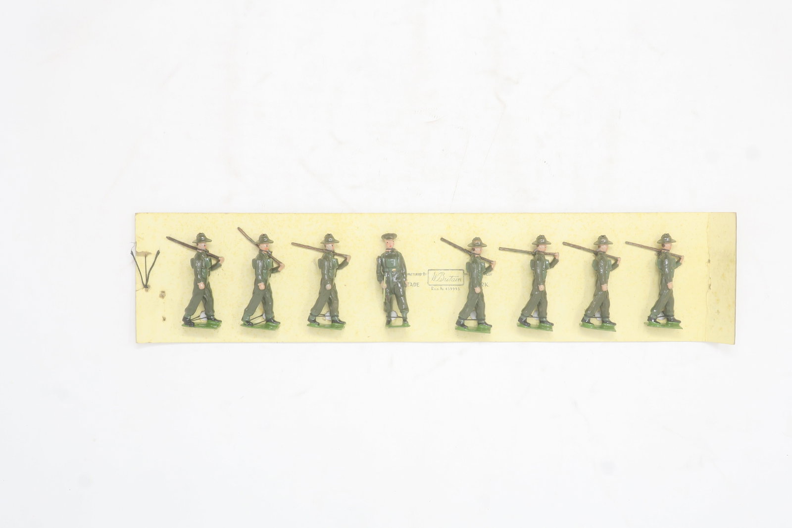 Britains set #2031 Australian Infantry: in Service Dress at Slope, 8 pieces including officer tied to original card; very good