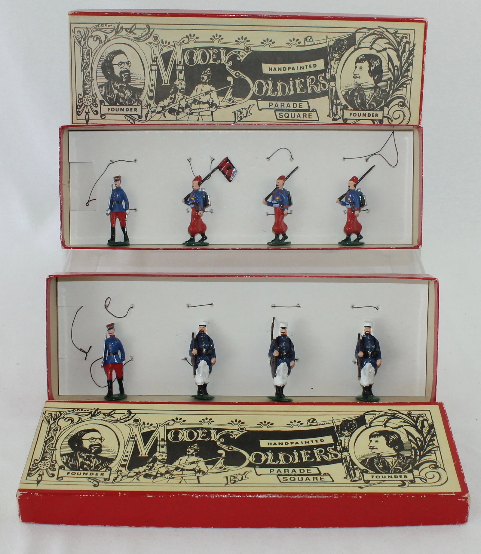 Model Soldiers Lot French Zouaves: Model Soldiers by Parade Square. Lot includes Set 4 French Zouaves with French Officer and 3 French Foreign Legion Troopers Marching and Set of Zouaves with French Officer, Zouave Flag Bearer and 2 Tr