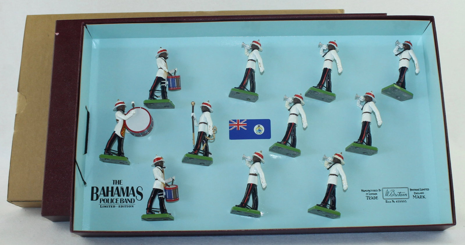 Britains Set 5187 Bahamas Police Band: Special Limited Edition Collector Series. Limited Edition No. 623 of 5000. 11 Pieces. Condition Mint in Box. Box Excellent with Original Cardboard Slipcover.