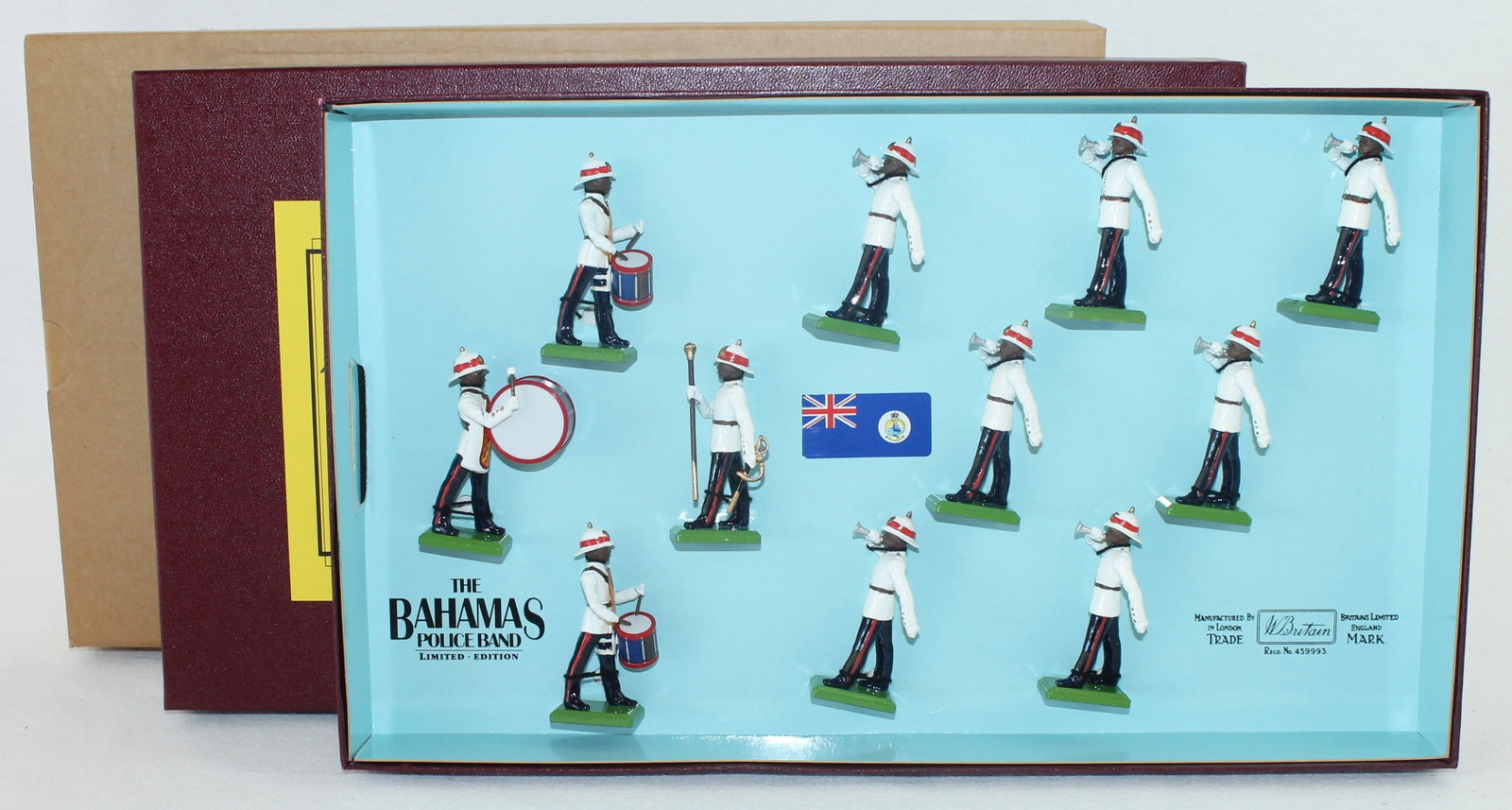 Britains Set 5187 Bahamas Police Band: Special Limited Edition Collector Series. Limited Edition No. 608 of 5000. 11 Pieces. Condition Mint in Box. Box Excellent with Original Cardboard Slipcover.
