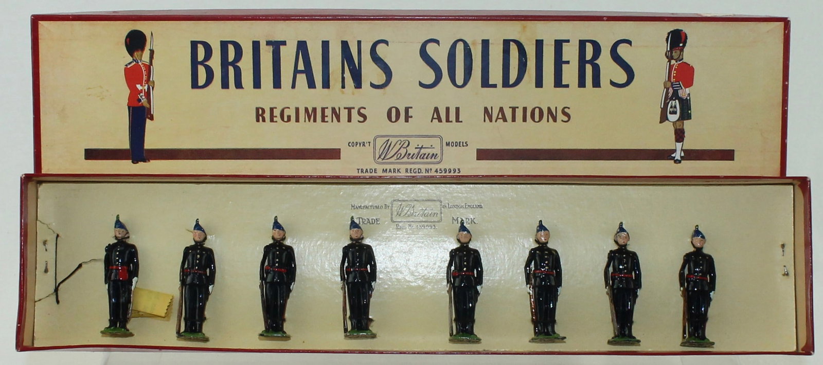 Britains Set 2090 Royal Irish Fusiliers: 8 Pieces. Condition Mint Tied in Box. Box Very Good to Excellent. Tape Scuffs on Box Lid.