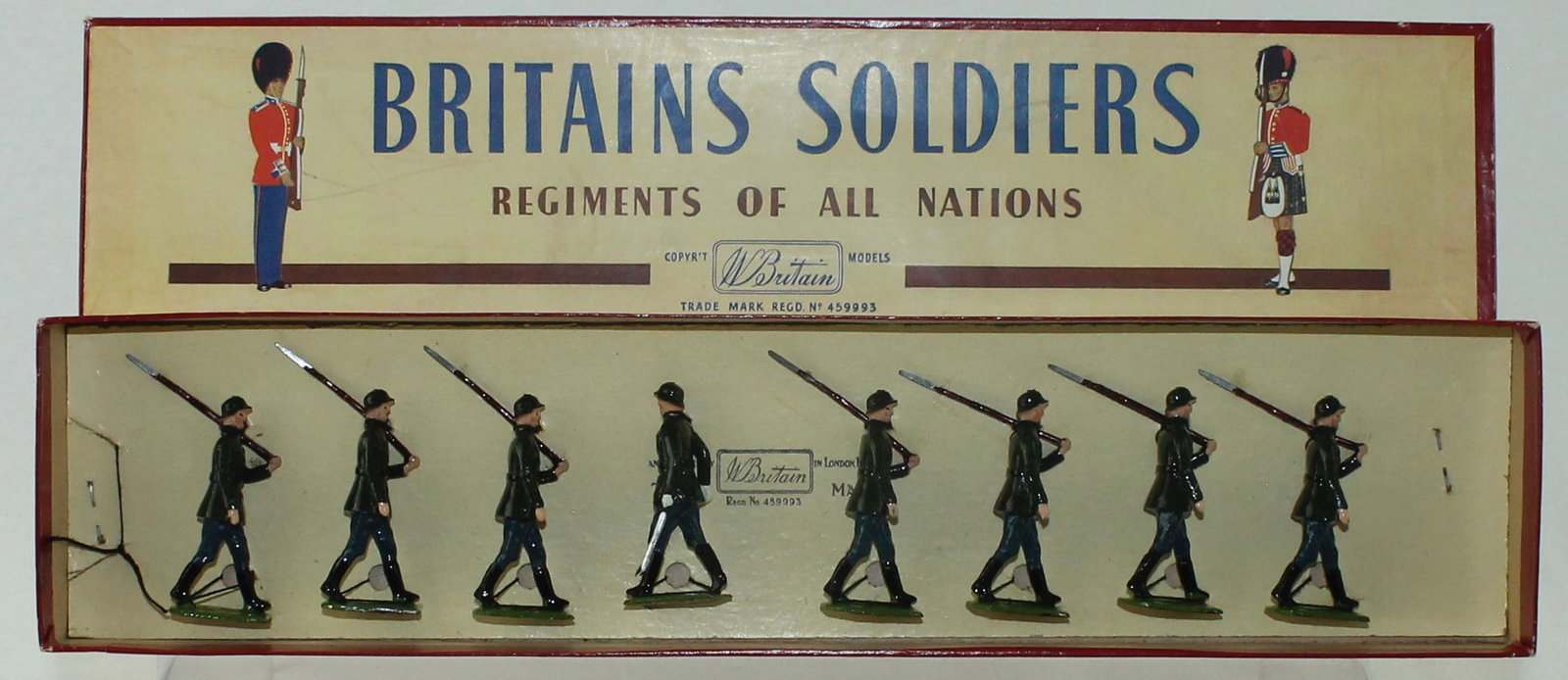 Britains Set 432 German Infanry Marching: At the Slope. 8 Pieces. Condition Mint Tied in Box. Box Excellent.