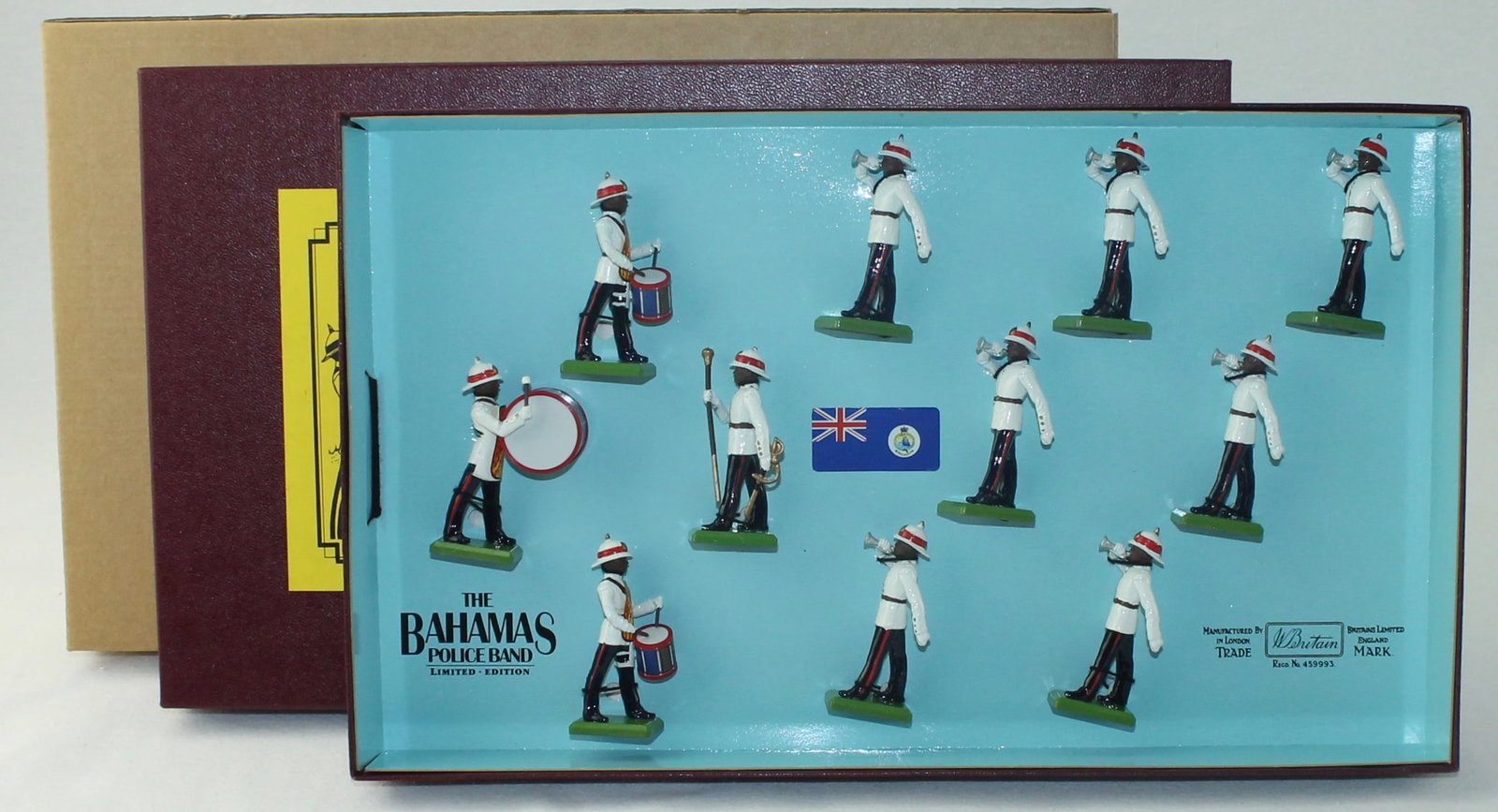 Britains Set 5187 Bahamas Police Band: Special Limited Edition Collector Series. Limited Edition No. 629 of 5000. 11 Pieces. Condition Mint in Box. Box Excellent with Original Cardboard Slipcover.