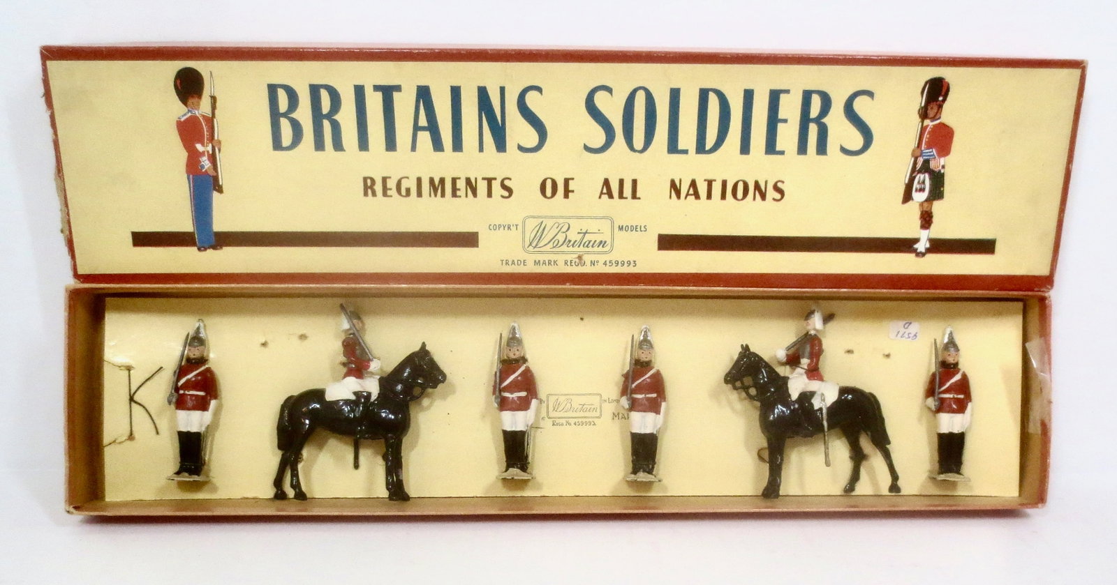 Britains #2029 The Lifeguards: Post war. 6 pieces. Mint to near mint condition, tied to card in box. Box poor (missing one top end).