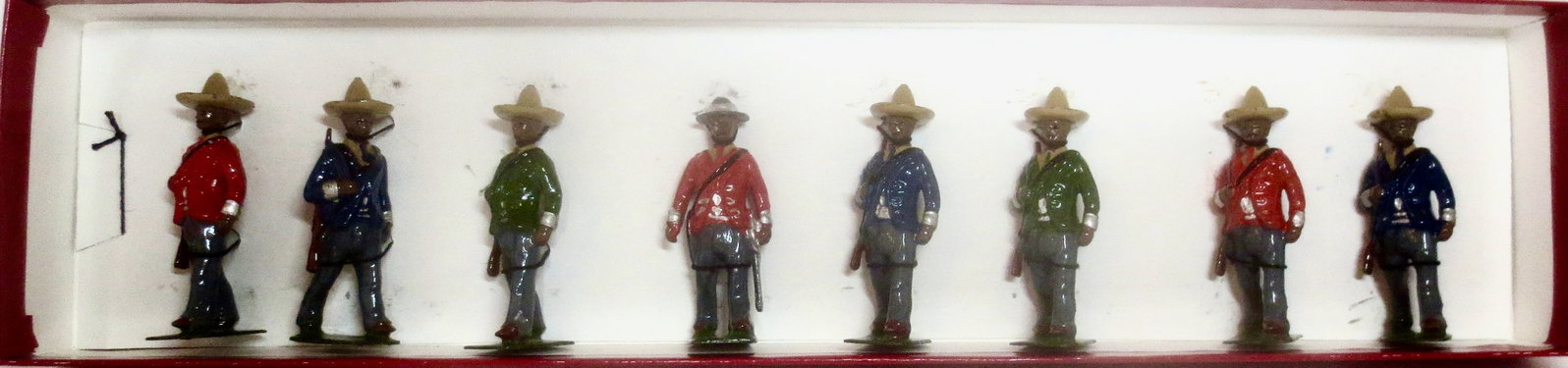 Britains RARE #186 Mexican Infantry: Circa 1937-1941. Rare multi coloured uniforms. 8 pieces. Pristine condition. Tied to card in plain red craft box.