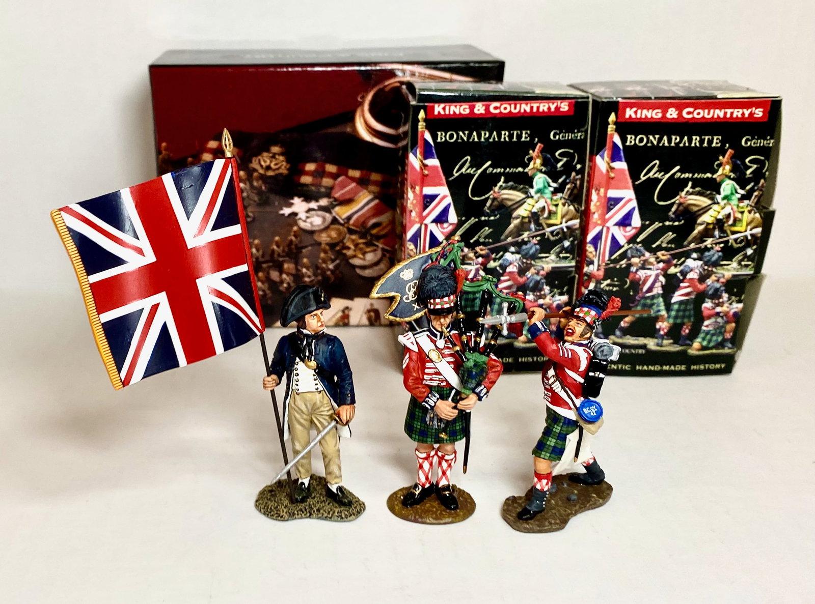 King & Country Napoleonics Figures: 3 pieces. #NE047, #NE035, and #NE051. Mint condition. Boxes excellent.