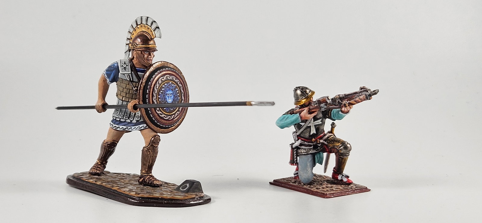 St. Petersburg Greek & Crusader Lot: Bobkova Greek Warrior with Long Spear and Amber Studios Crusader Crossbowman. Excellent unboxed, 2 pieces.