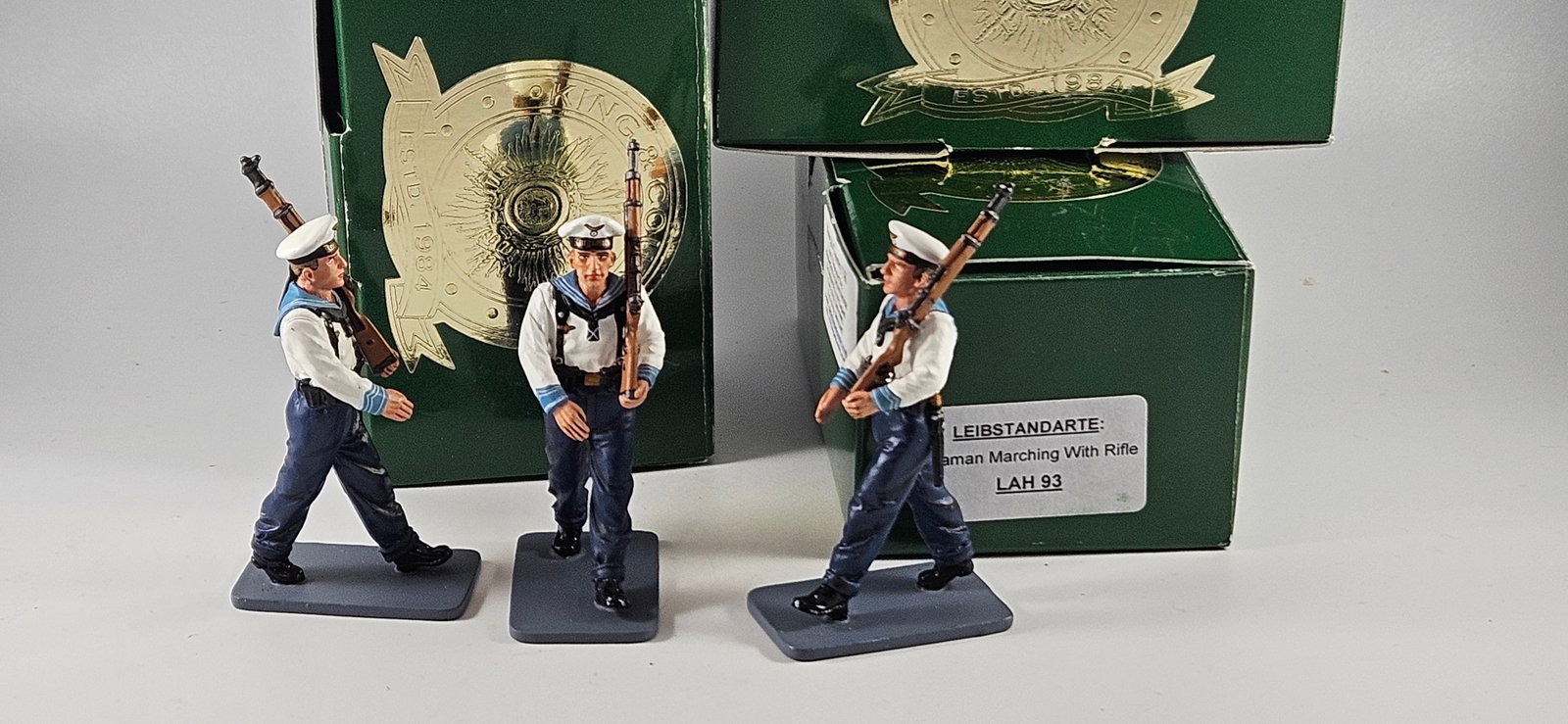 King & Country World War 2 German Berlin 1938 Lot: King & Country Toy Soldiers. World War 2 - Berlin 1938 lot of 3 - LAH 093 Kriegsmarine Marching Very fine to excellent condition in original boxes 3 pieces