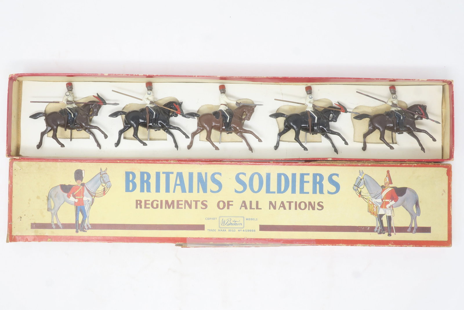 Britains set #115 Egyptian Cavalry: Review Order with lances, 5 pieces including officer, Excellent, in an original box; Fair, lid edge damaged/ missing