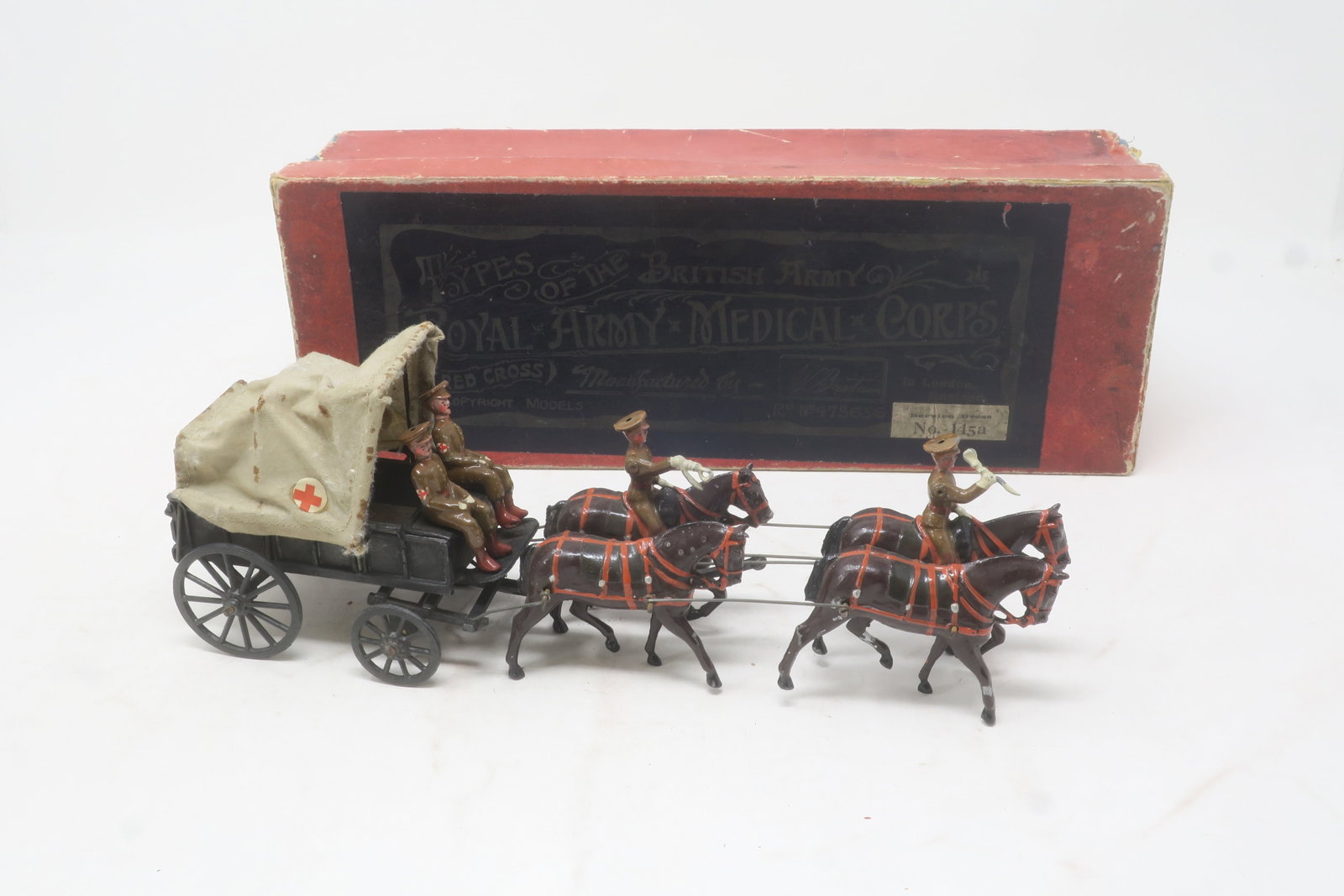 Britains set #145A Royal Army Medical: Corps Wagon (in service dress), 7 pieces in original box; Very good (slight repair to 1 horse), box, fair-good