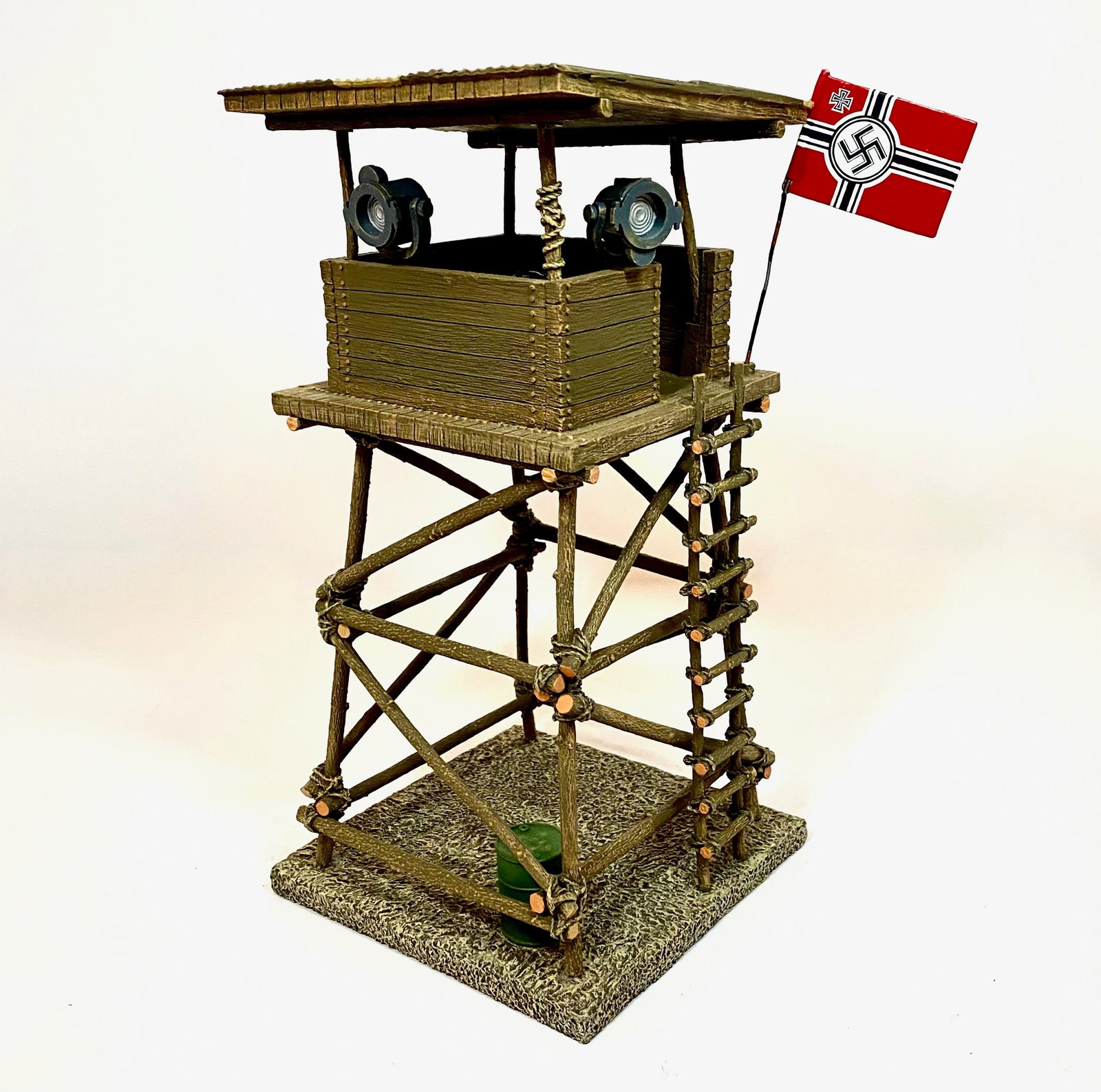 King & Country #AK059 Control Tower: Retired. Raised high above the ground, from this vantage point, you can see the entire desert airstrip. Measures about 12" to the top of the flag. 3 pieces. Excellent condition. Unboxed.