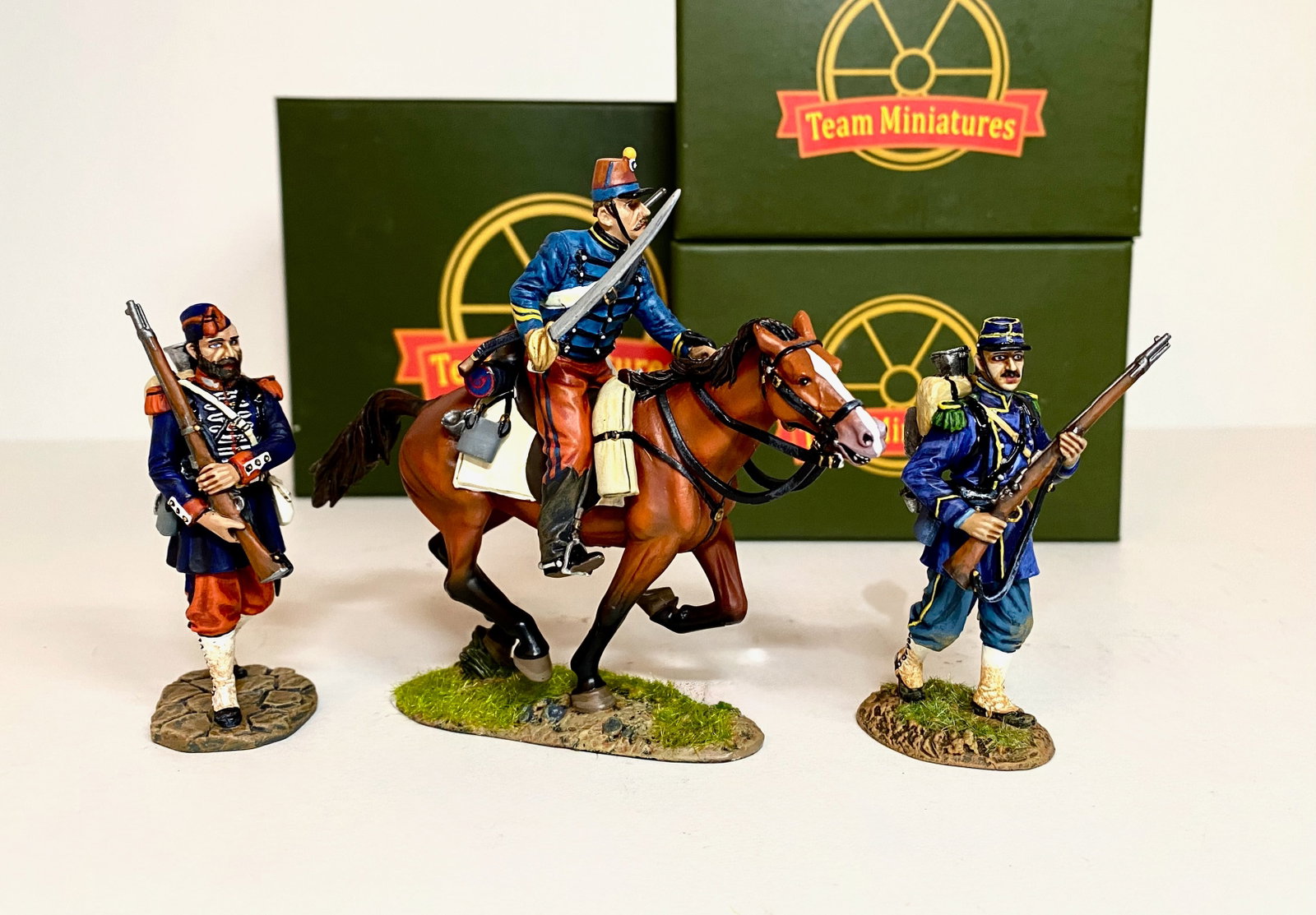 Team Miniatures Franco Prussian War Figures: 3 pieces. Mint condition. Boxes excellent.