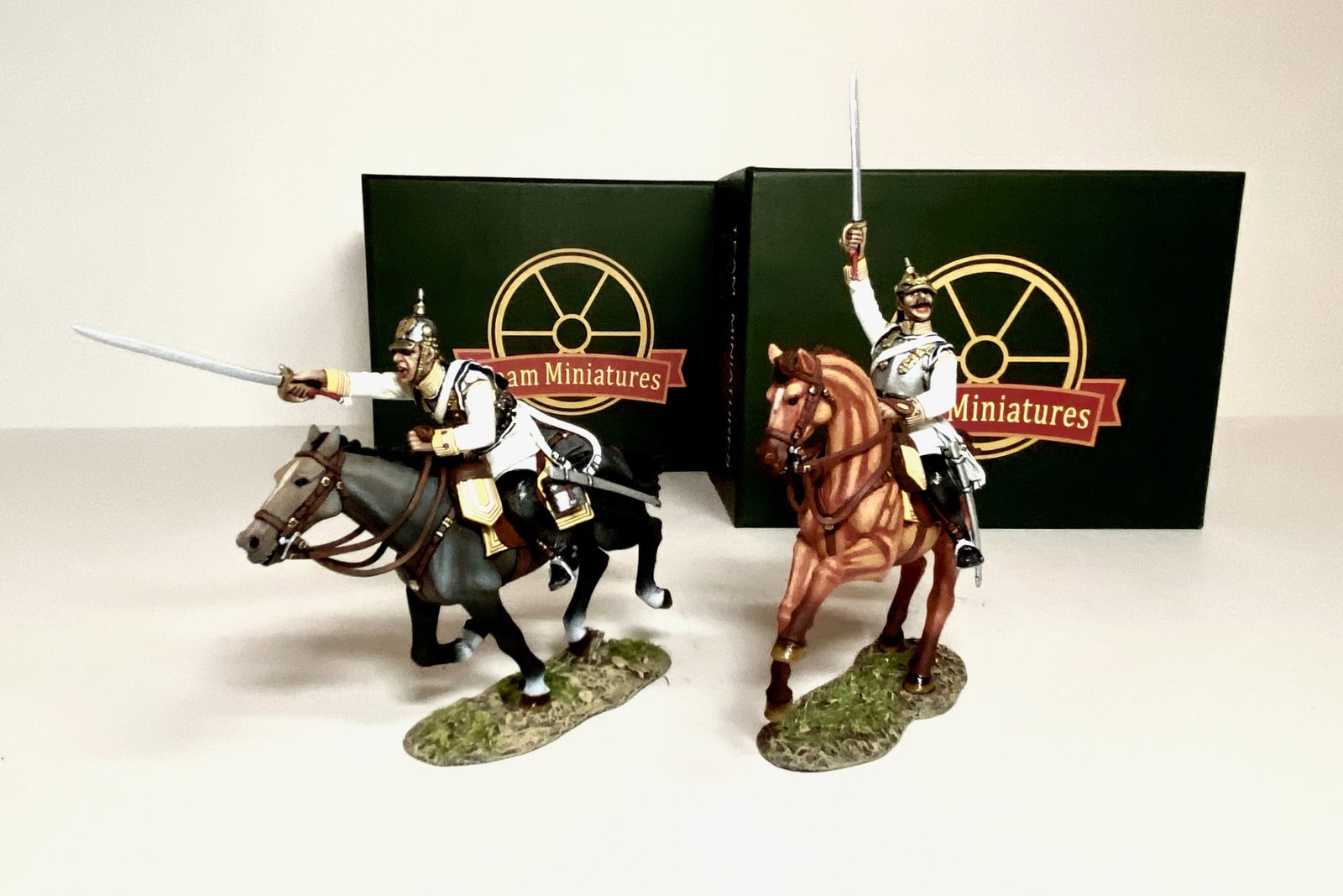 Team Miniatures Franco Prussian War Figures: 2 Mounted Prussian Cavalry figures. Mint condition. Boxes excellent.