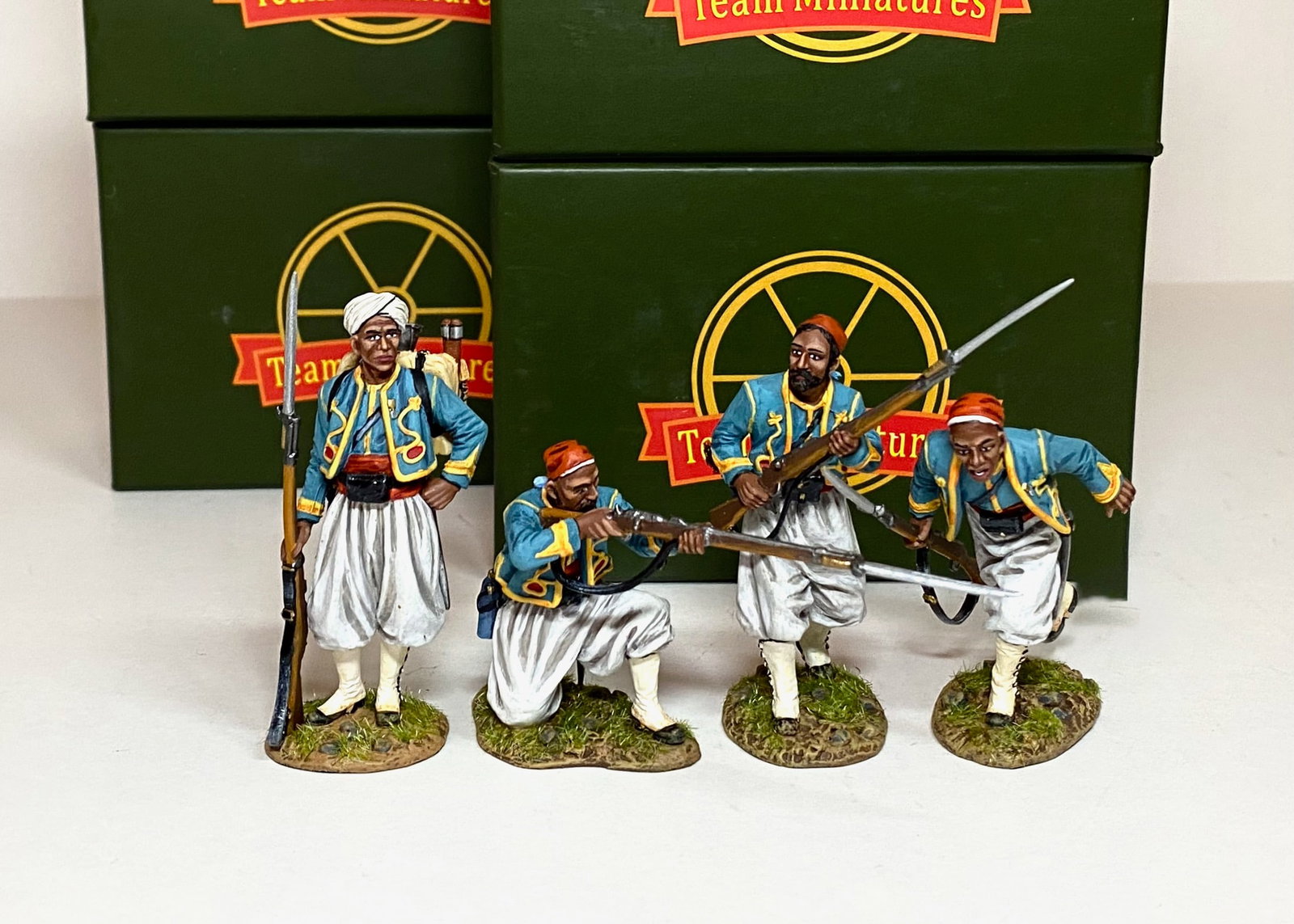 Team Miniatures Franco Prussian War Figures: 4 Algerian Tirailleurs. Mint condition. Boxes excellent.