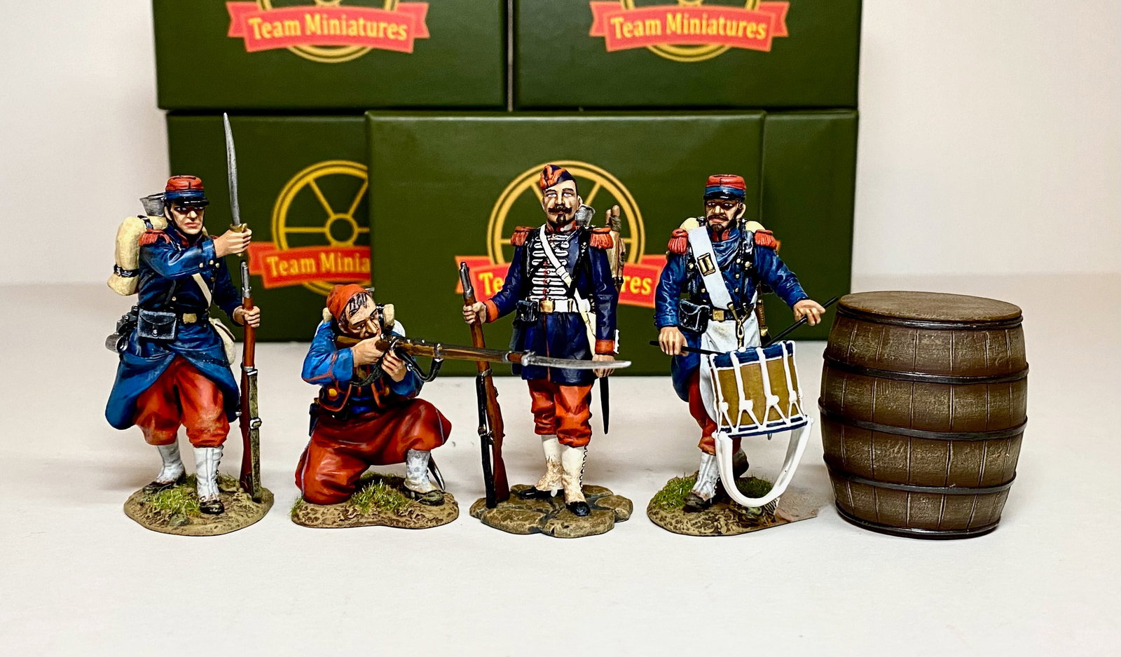 Team Miniatures Franco Prussian War Figures: 4 French Infantry Figures. Mint condition. Boxes excellent.