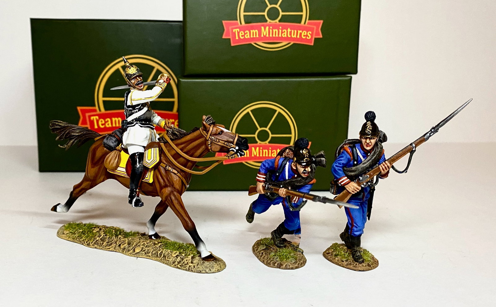 Team Miniatures Franco Prussian War Figures: 3 pieces. Mint condition. Boxes excellent.