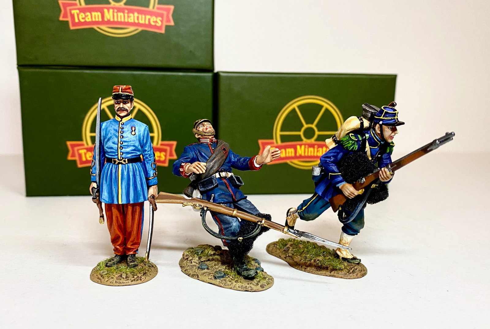 Team Miniatures Franco Prussian War Figures: 3 pieces. Mint condition. Boxes excellent.