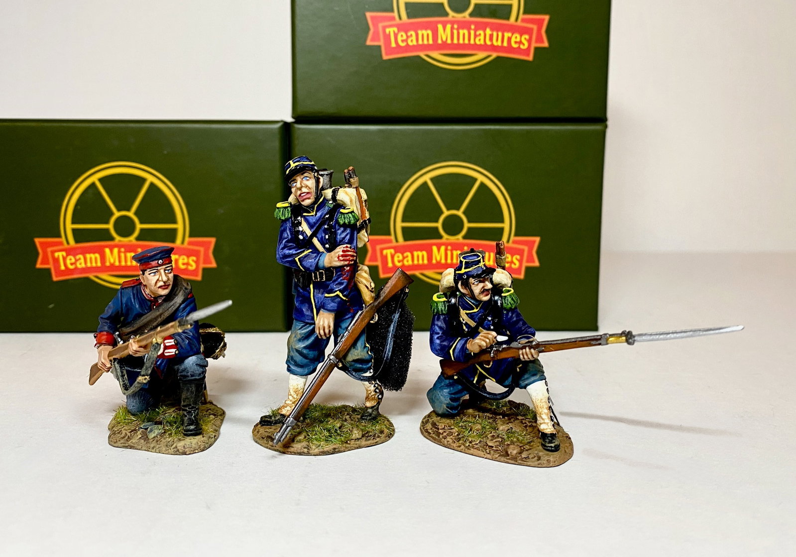 Team Miniatures Franco Prussian War Figures: 3 pieces. Mint condition. Boxes excellent.