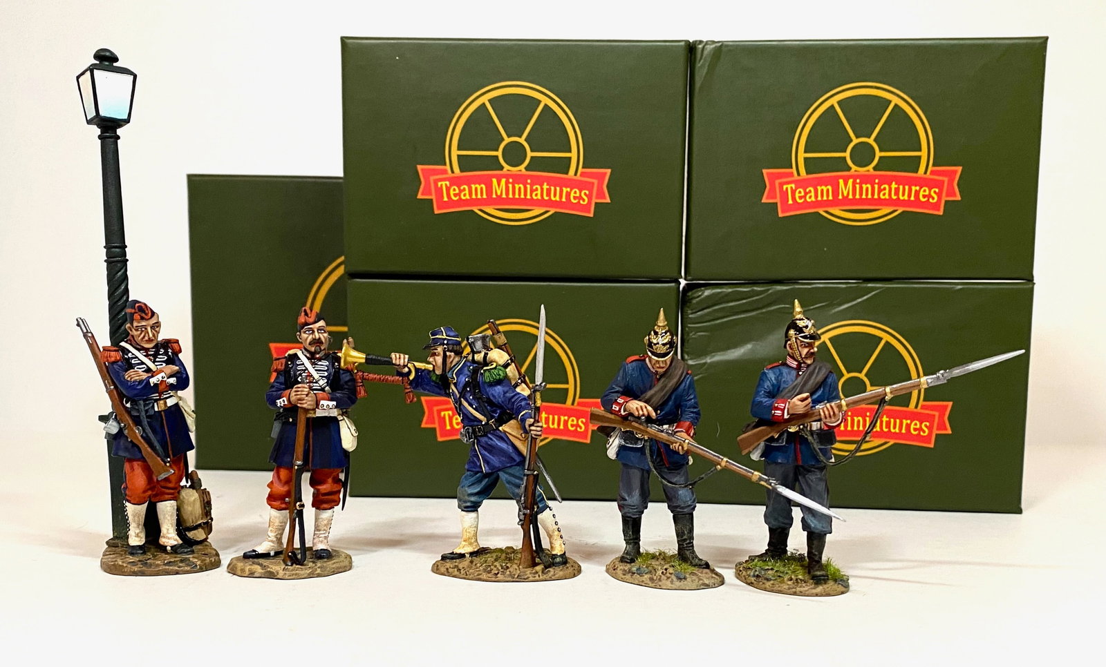 Team Miniatures Franco Prussian War Figures: 5 pieces. Mint condition. Boxes excellent.