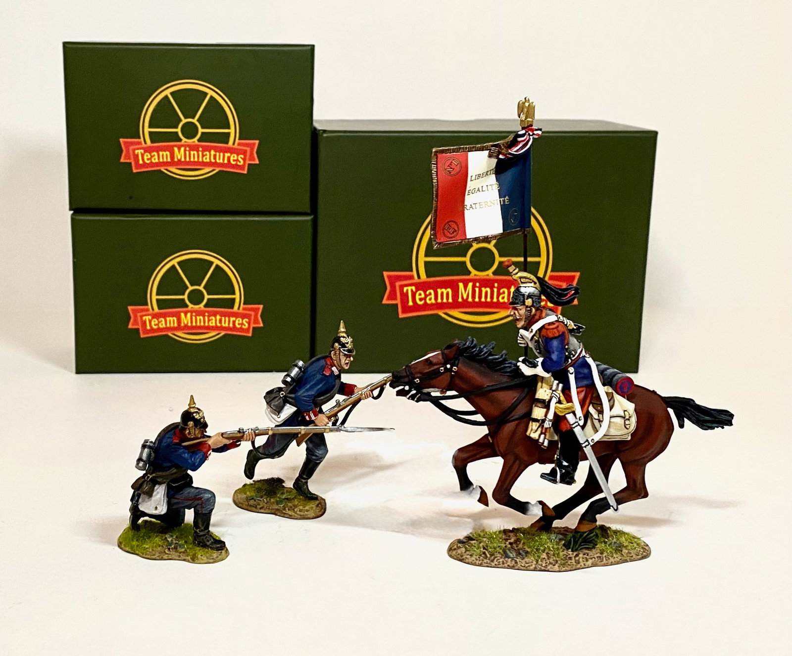 Team Miniatures Franco Prussian War Figures: 3 pieces. Mint condition. Boxes excellent.