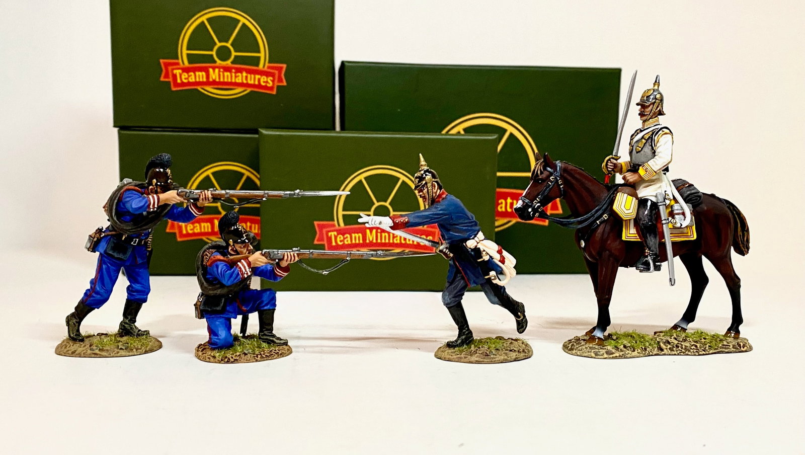 Team Miniatures Franco Prussian War Figures: 4 pieces. Mint condition. Boxes excellent.