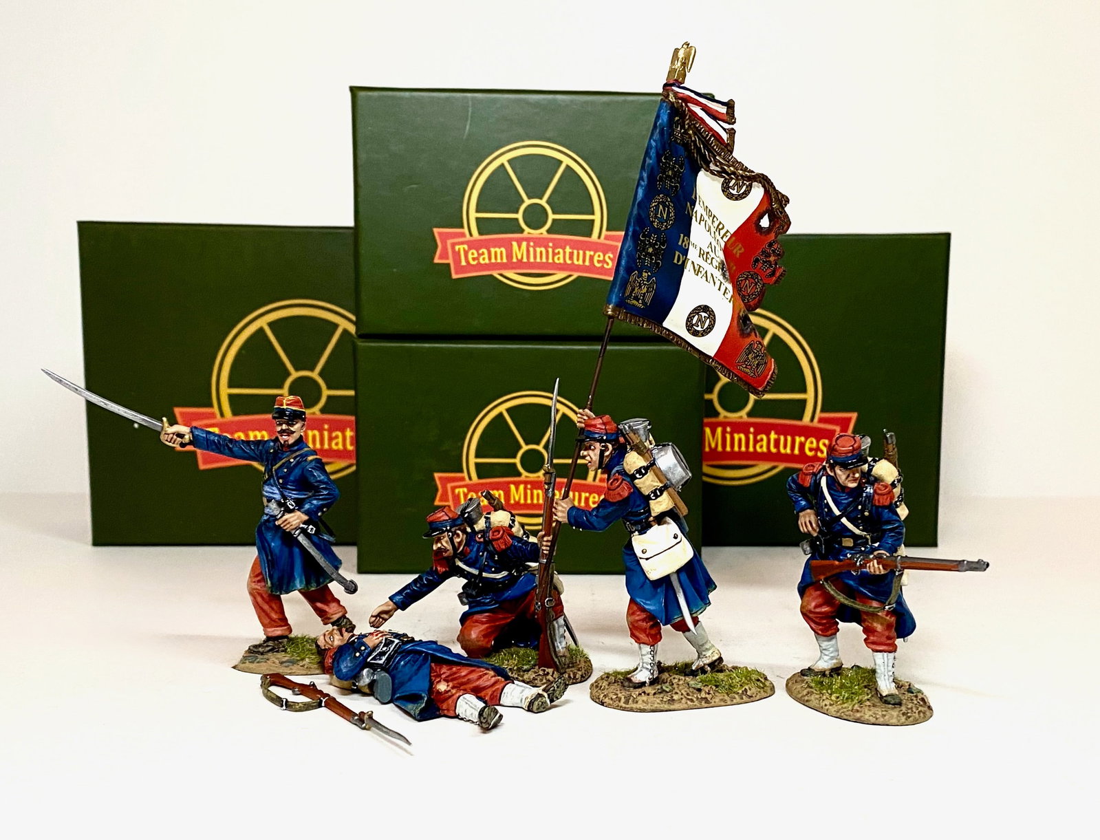 Team Miniatures Franco Prussian War Figures: 5 pieces. Mint condition. Boxes excellent.