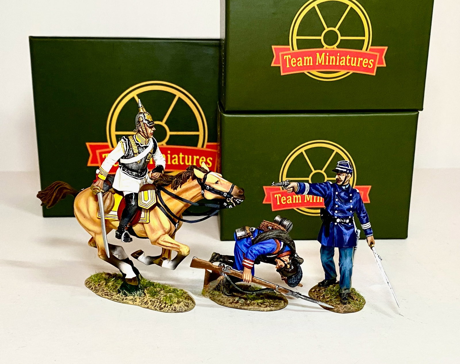 Team Miniatures Franco Prussian War Figures: 3 pieces. Mint condition. Boxes excellent.