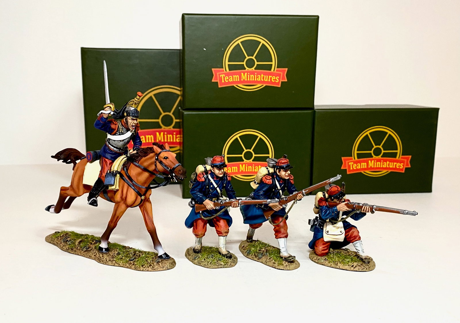 Team Miniatures Franco Prussian War Figures: 4 pieces. Mint condition. Boxes excellent.