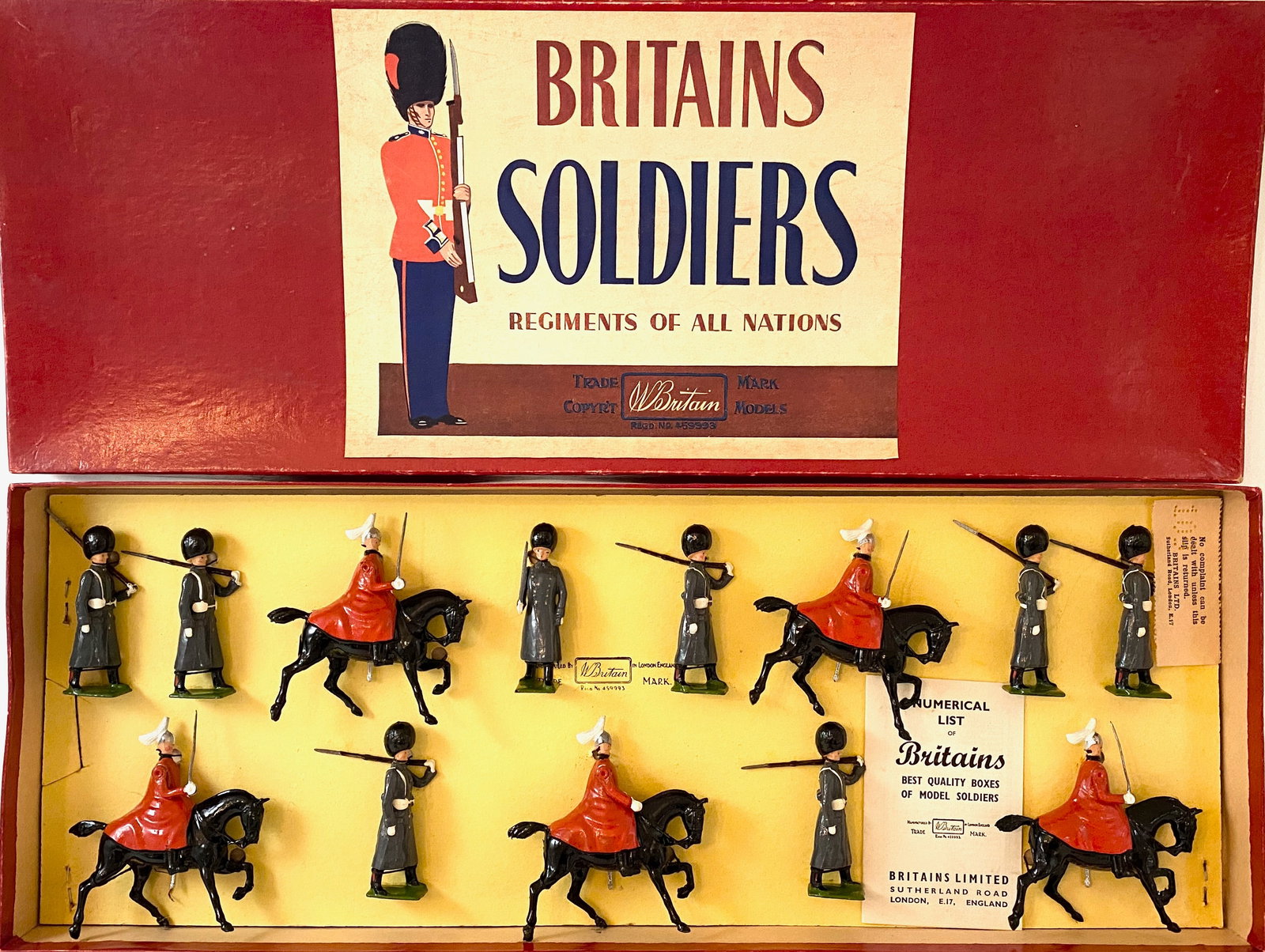 Britains #429 Scots Guards & 1st Life Guards: Post war. 13 pieces. Mint to near mint condition. Box excellent.