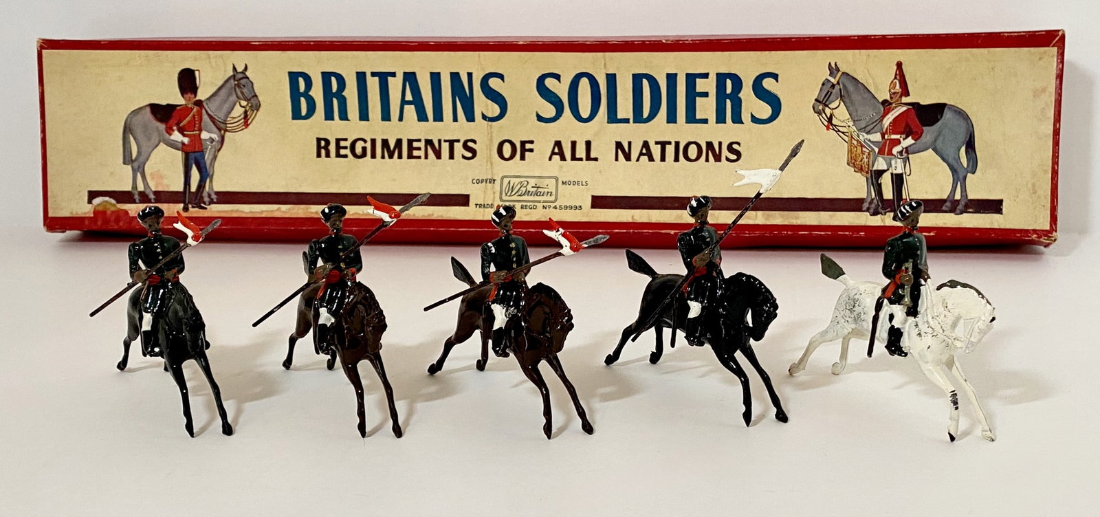 Britains #66 Indian Army Lancers: Post war. 5 pieces. Near mint to excellent condition (one repainted pennant). Box good (one top corner split).
