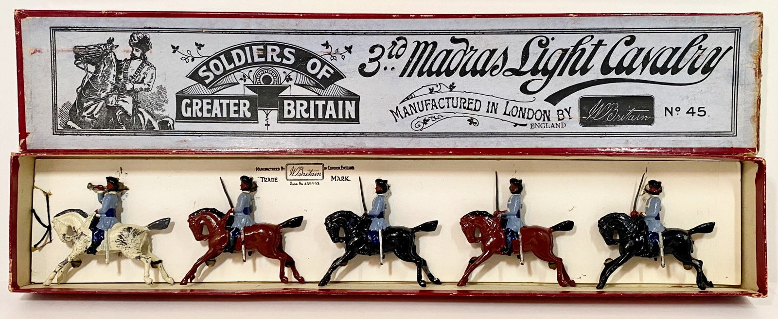 Britains #45 3rd Madras Light Cavalry: Pre war issue. 2nd version. 5 pieces. Near mint condition. Box very good, one top corner split.