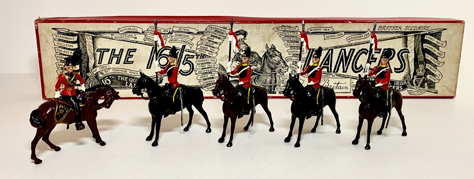 Britains #33 16th/5th Lancers: Circa 1933-1952. Officer missing sword, the rest in near mint condition. 5 pieces. Box very good.
