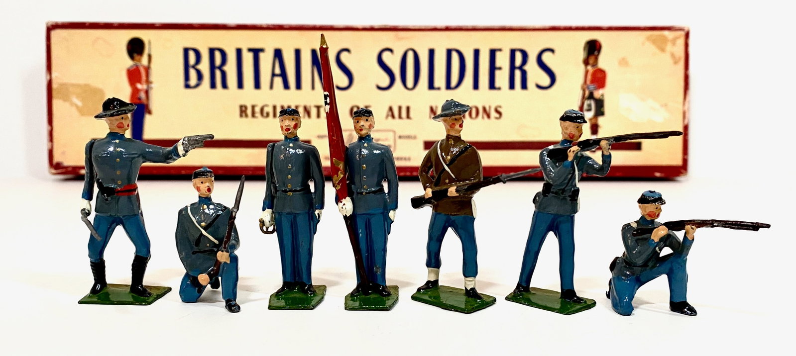 Britains #2060 Confederate Infantry: Post war issue. 7 pieces. Mint to near mint condition, tied to card in original box. Box good.