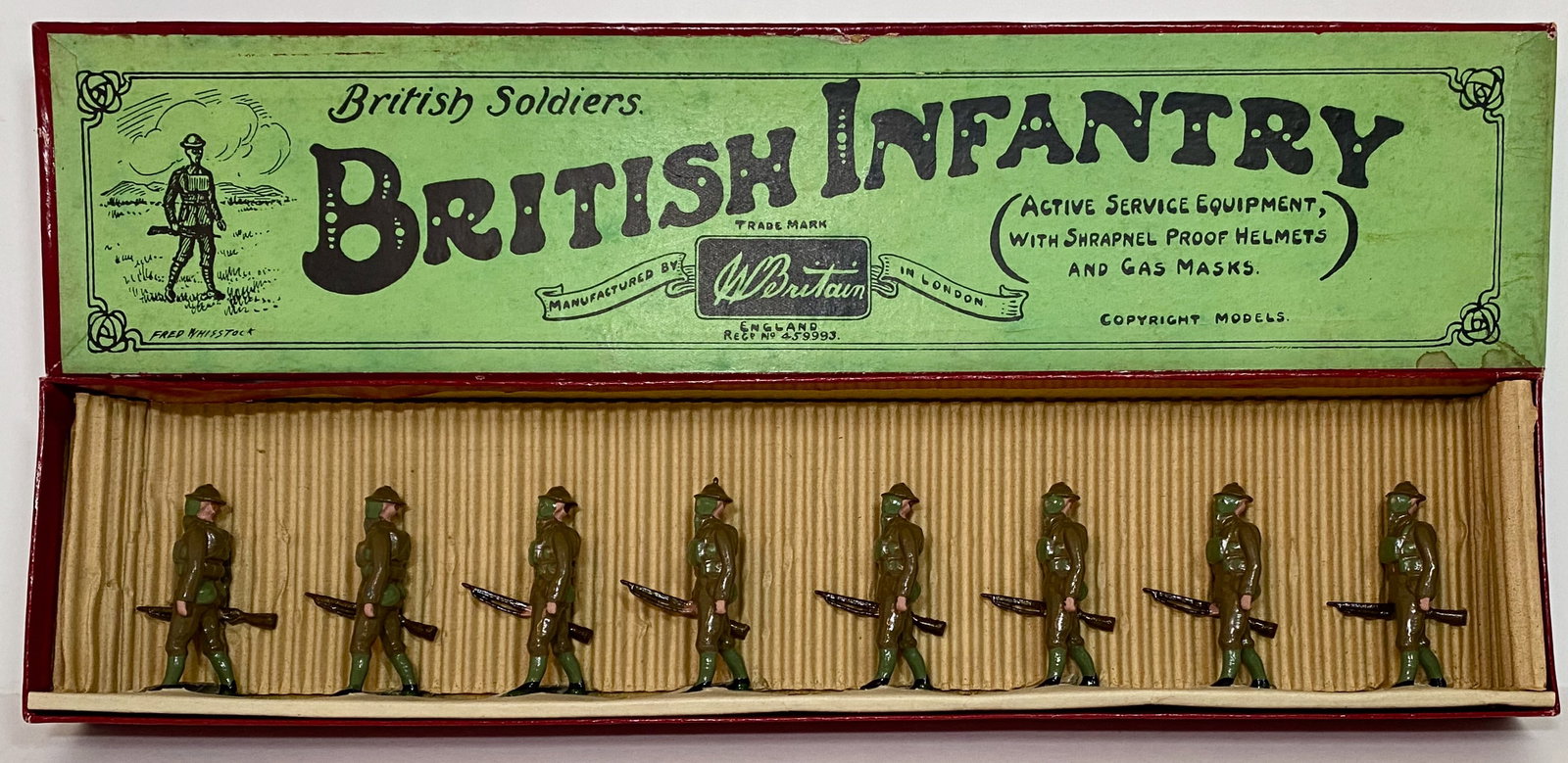 Britains #258 British Infantry In Gas Masks: Pre war issue. 8 pieces. Mint to near mint condition. Whisstock label box excellent.