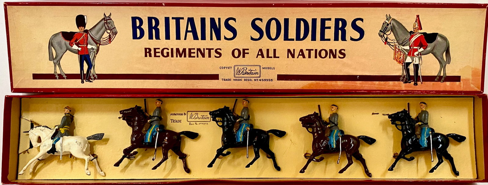 Britains #2055 ACW Confederate Cavalry: Post war issue. 5 pieces. Mint to near mint condition. Box very good.