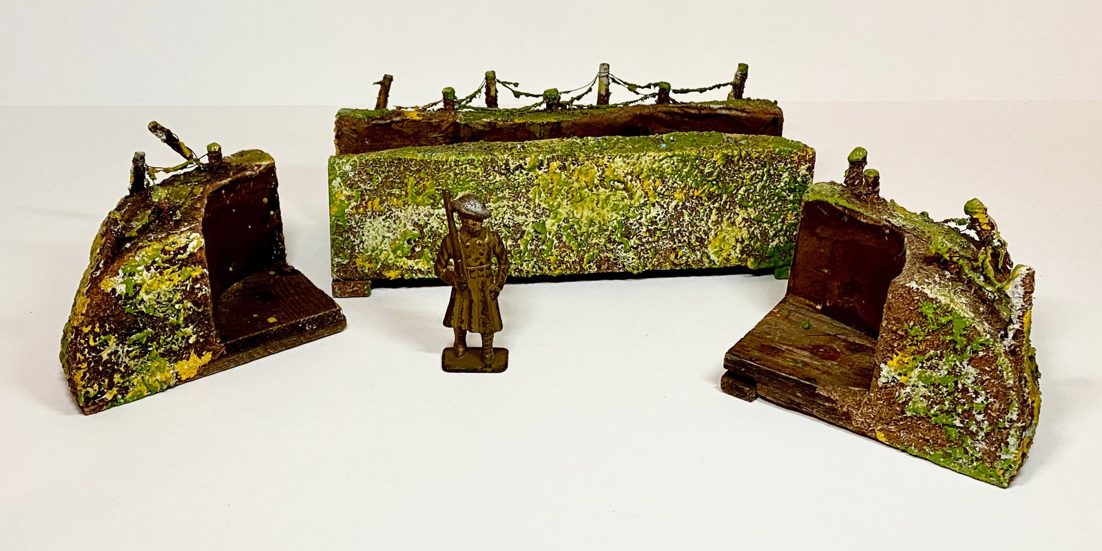 Composition & Wood Trench Sections: 3 pieces. Long section measures 3" tall, 9" long, 4.75" deep. Corners measure 4.5" deep. Excellent condition. Soldier not included. Unboxed.