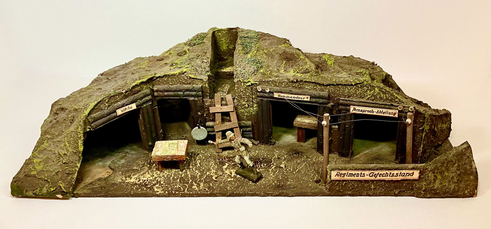 Composition & Wood German Trench Command: Measures 23.5" long, 6.5" tall, 12" deep. Soldier shown for scale, not included. Excellent condition, some paint loss and chipping, and loose pieces. Unboxed. Extra shipping charges due to large lot s