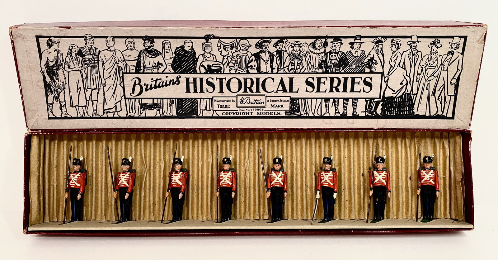 Britains Set #1516 Line Infantry of Waterloo: With Pikes, circa 1815 Waterloo Period. Pre war. Slotted in retaining card. In original box. 8 pieces. Near mint to excellent condition. Box very good.