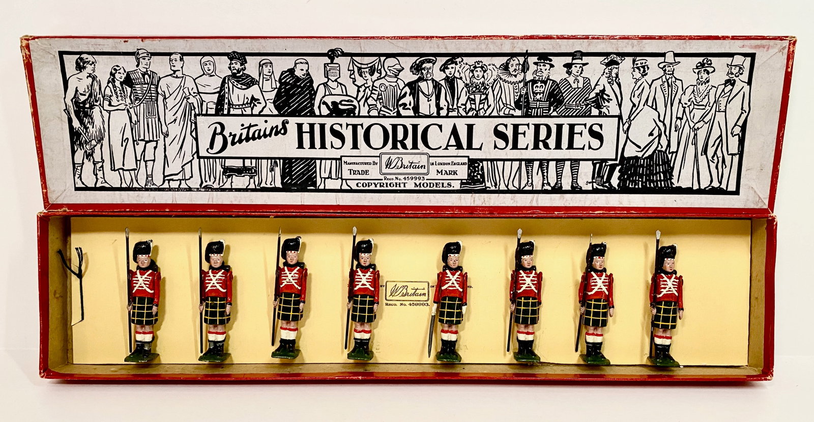 Britains #1517 Waterloo Highlanders With Pikes: Pre war. 8 pieces. Mint to near mint condition. Box very good (one taped top corner repair).