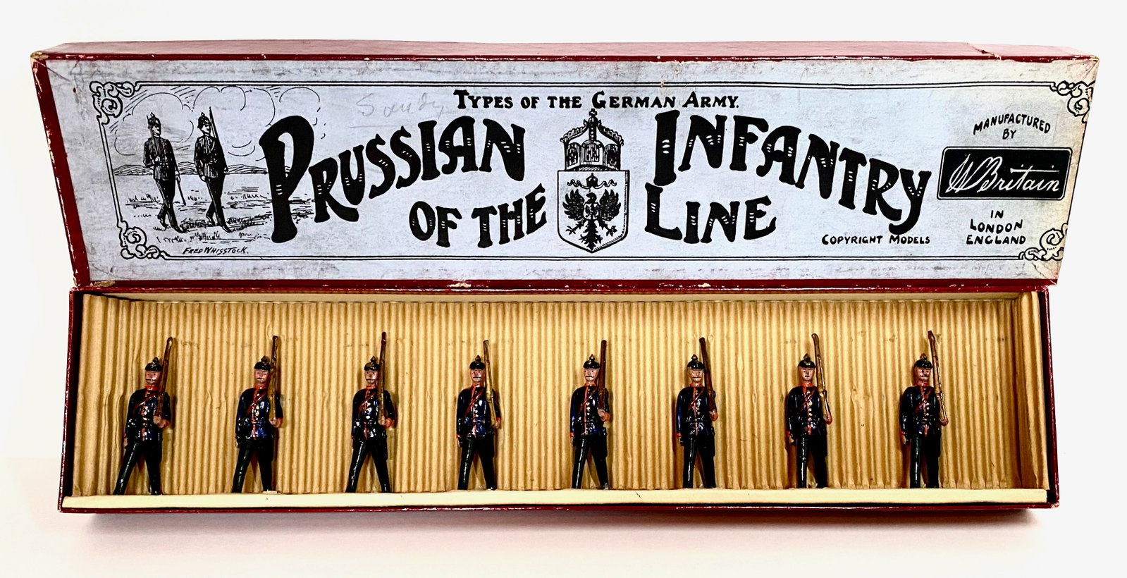 Britains #154 Prussian Infantry of the Line: Marching at the slope. Pre war, 1908 version. 8 pieces. Pristine condition. Whisstock label box very good.